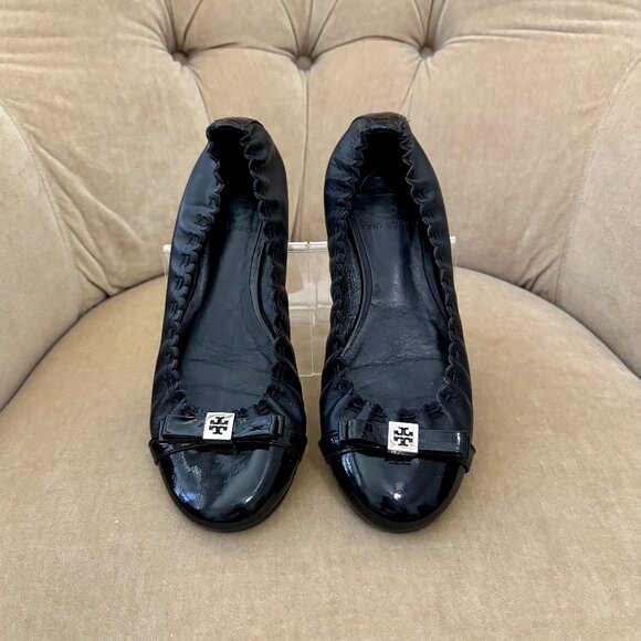 Auth TORY BURCH Iconic Eddie Logo Black Leather Cap Toe Ballet Skimmer Flats - Picture 1 of 5